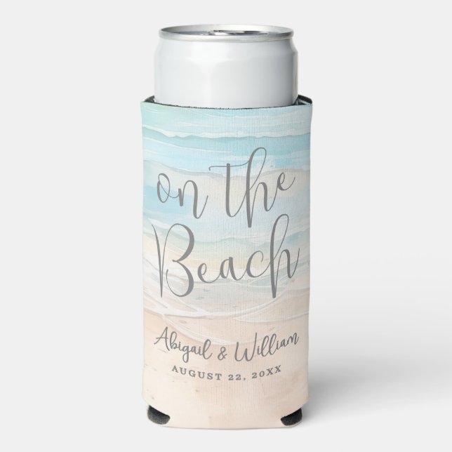 Watercolor Summer On The Beach Wedding Seltzer Can Cooler (Seltzer Front)