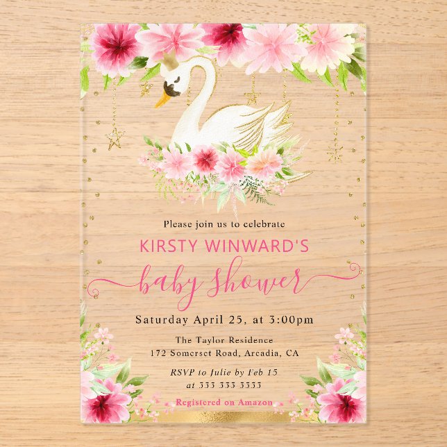 Watercolor Summer Pink Flowers Swan Baby Shower Acrylic Invitations (Front)