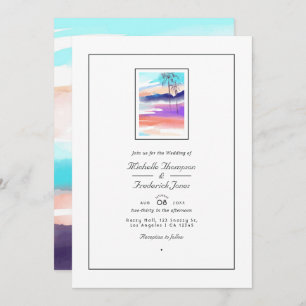 Watercolor Summer QR Code RSVP Beach Wedding Invitation