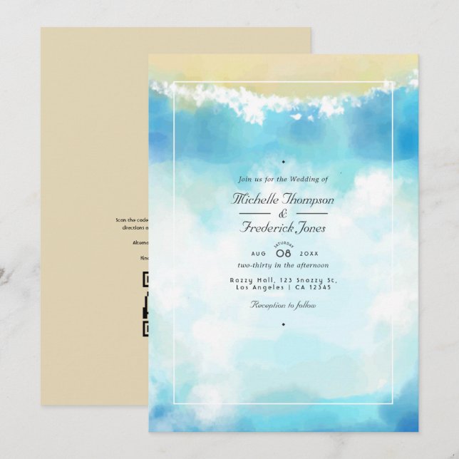 Watercolor Summer QR Code RSVP Beach Wedding Invitation (Front/Back)