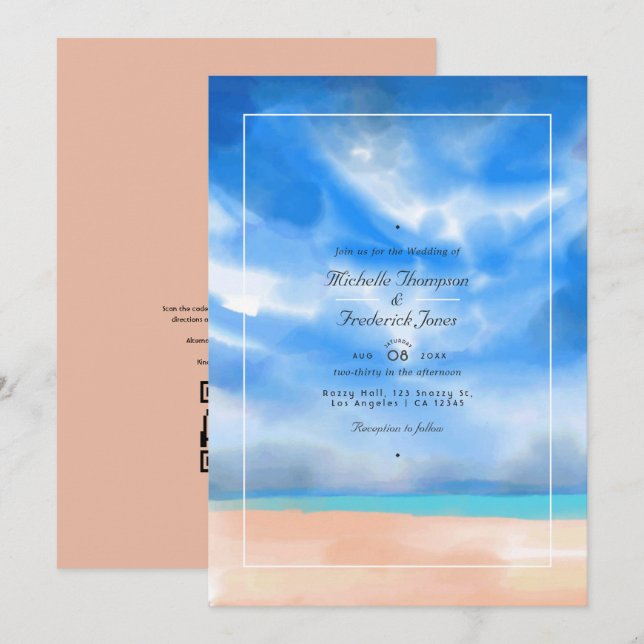 Watercolor Summer QR Code RSVP Beach Wedding Invitation (Front/Back)