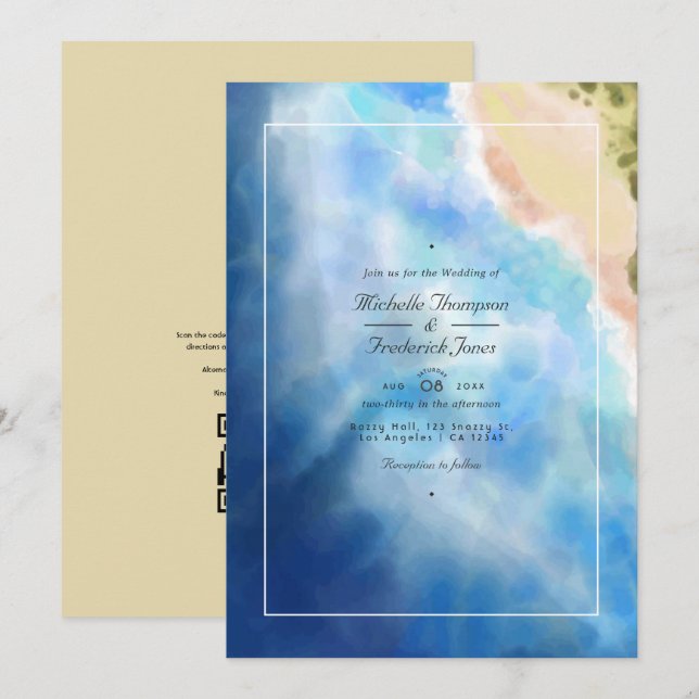 Watercolor Summer QR Code RSVP Beach Wedding Invitation (Front/Back)