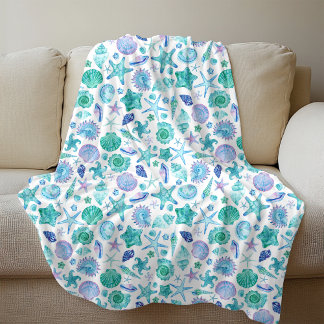 Watercolor Summer Sea shells and Starfish Coastal Fleece Blanket