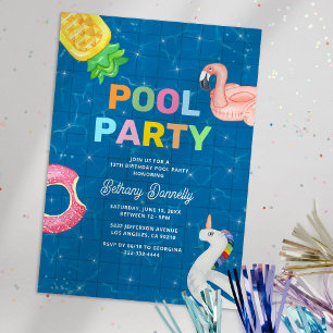 Watercolor Summer Swimming Pool Birthday Party Invitation