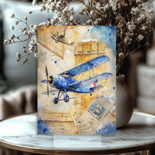 Watercolor summer travel blue retro aeroplane  tissue paper