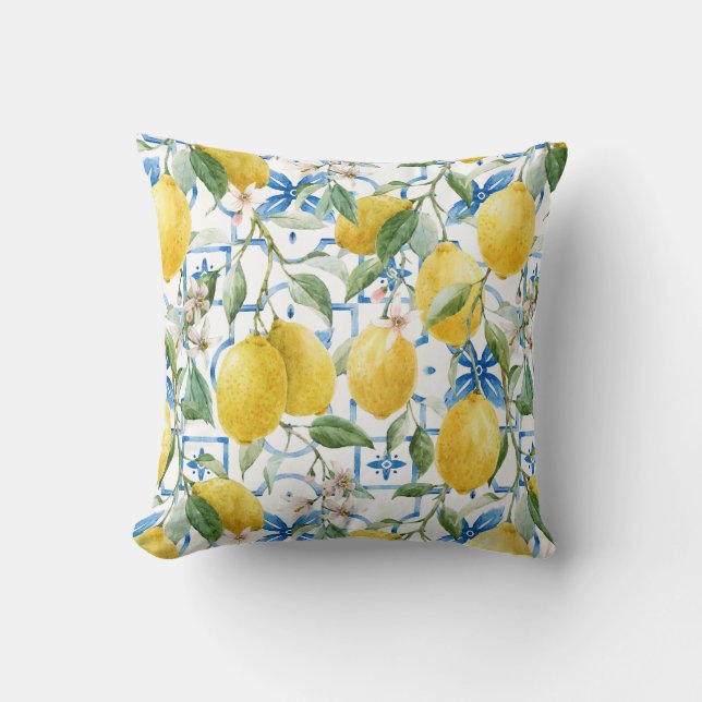 Watercolor Summer Yellow Lemon Blue Sicilian Tiles Cushion (Front)