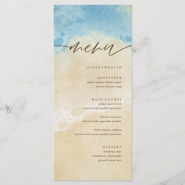 Watercolor SummerCoastal Beach Wedding Menu (Front)