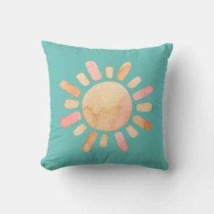 Watercolor Sun Turquoise Throw Pillow