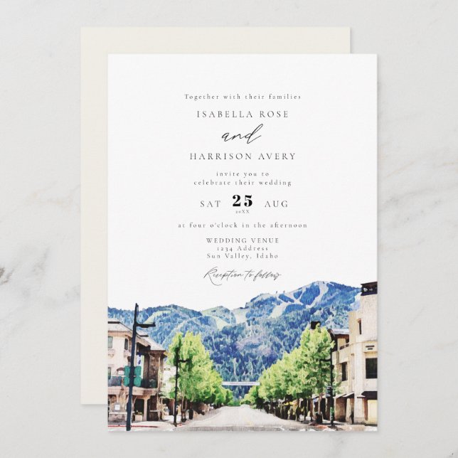 Watercolor Sun Valley Idaho Skyline Town Wedding Invitation (Front/Back)