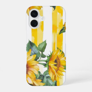 Watercolor Sunflower and Yellow Stripes Pattern iPhone 16 Case