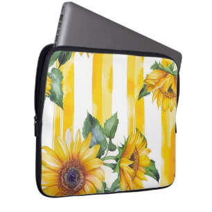 Watercolor Sunflower and Yellow Stripes Pattern Laptop Sleeve