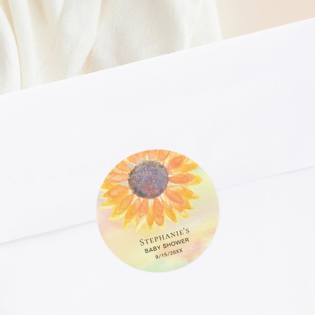 Watercolor Sunflower Baby Shower Classic Round Sticker (Creator Uploaded)