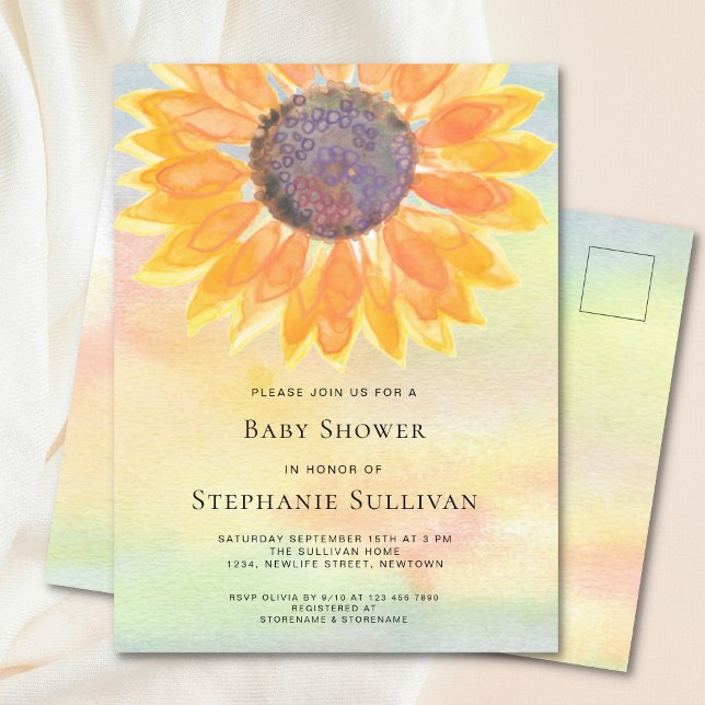 Watercolor Sunflower Baby Shower  Invitation Postcard (Creator Uploaded)