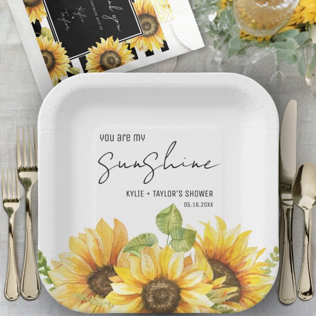 Watercolor Sunflower Black & White Wedding Shower Paper Plate (Creator Uploaded)