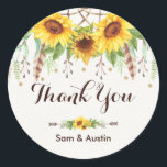 Watercolor Sunflower Boho Dreamcatcher Wedding Classic Round Sticker<br><div class="desc">Beautiful boho-inspired round sticker featuring rustic watercolor sunflowers,  feathers and green leaves attached to a dream catcher</div>