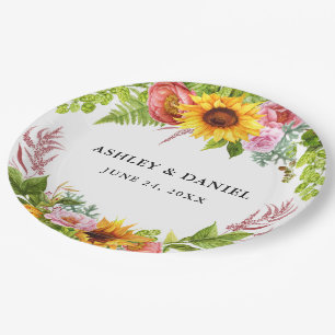 Watercolor Sunflower Boho Floral Wedding Paper Plate