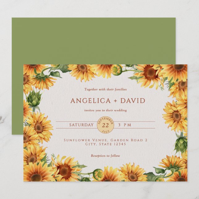 Watercolor Sunflower Border Wedding Invitation (Front/Back)