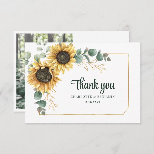 Watercolor Sunflower Botanical Wedding Thank You Card (Front/Back)