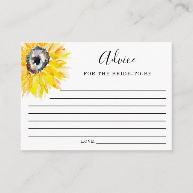 Watercolor Sunflower Bridal Shower Advice Elegant Card (Front)