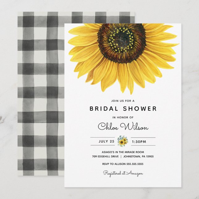 Watercolor Sunflower Bridal Shower Invitation (Front/Back)