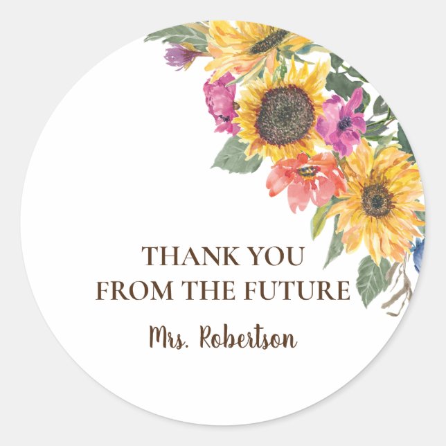 Watercolor Sunflower  Bridal Shower Thank you Classic Round Sticker (Front)