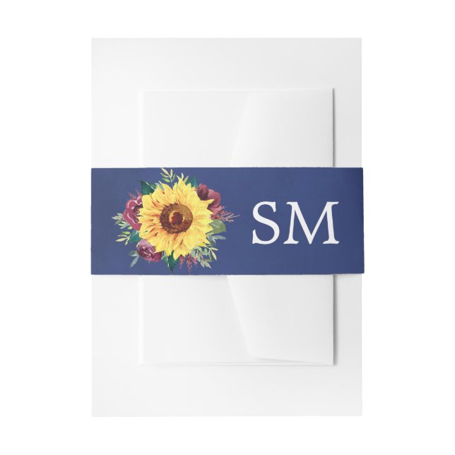 Watercolor Sunflower Burgundy Rose Navy Monogram Invitation Belly Band (Front Example)