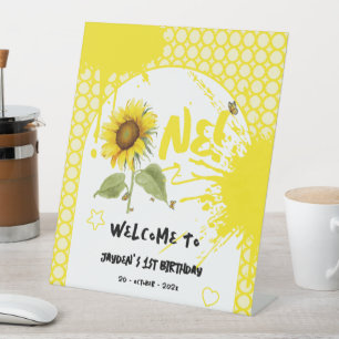 Watercolor Sunflower & Butterfly Birthday Welcome Pedestal Sign
