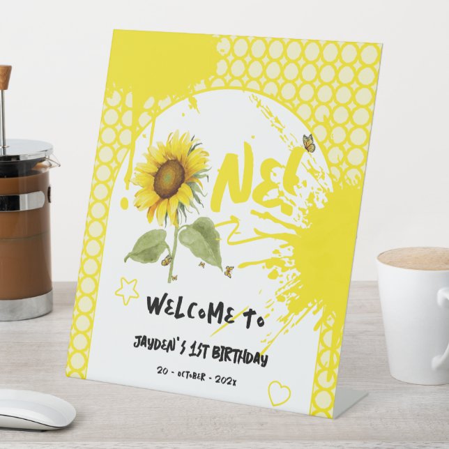 Watercolor Sunflower & Butterfly Birthday Welcome Pedestal Sign (In SItu)