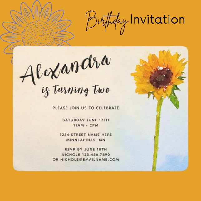 Watercolor Sunflower Child's Any Age Birthday Invitation (Creator Uploaded)