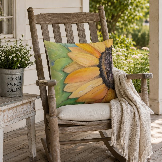 Watercolor Sunflower Cushion (Rustic Sunflower Pillow)