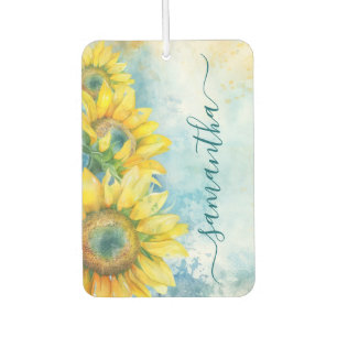 Watercolor Sunflower Dark Teal Girly Signature Car Air Freshener