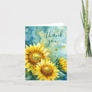 Watercolor Sunflower Dark Teal Thank You Card