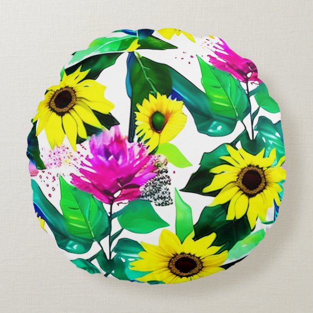 Watercolor Sunflower design Round Cushion (Front)