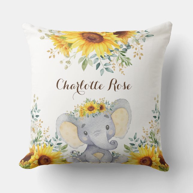 Watercolor Sunflower Elephant Baby Girl Nursery Cushion (Front)