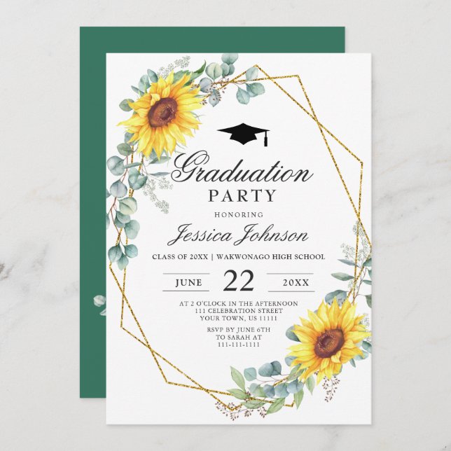 Watercolor Sunflower Eucalyptus  Graduation Party Invitation (Front/Back)