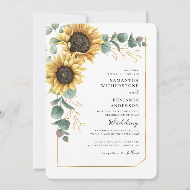 Watercolor Sunflower Eucalyptus QR Code Wedding Invitation (Front)