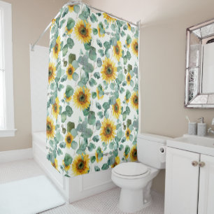 Watercolor Sunflower & Eucalyptus Seamless Pattern Shower Curtain