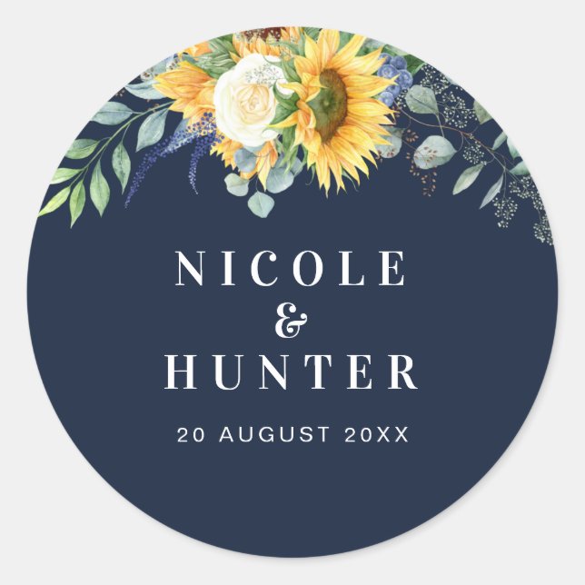 Watercolor sunflower eucalyptus wedding classic round sticker (Front)