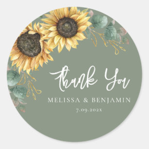 Watercolor Sunflower Eucalyptus Wedding Thank You Classic Round Sticker