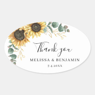 Watercolor Sunflower Eucalyptus Wedding Thank You Oval Sticker