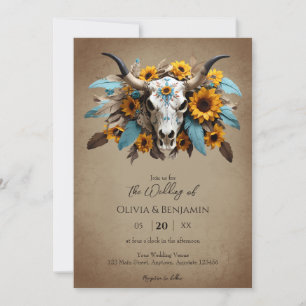 Watercolor Sunflower Feather Cow Skull Wedding Invitation