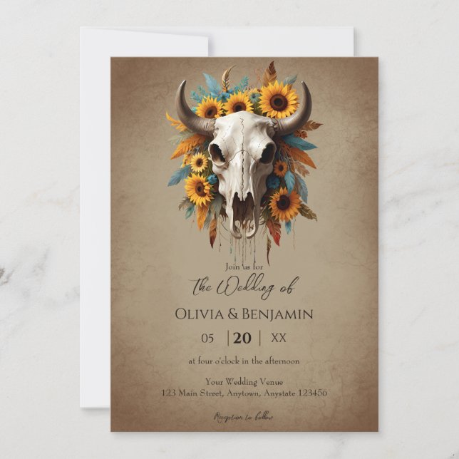 Watercolor Sunflower Feather Cow Skull Wedding Invitation (Front)