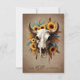 Watercolor Sunflower feather Cow Skull Wedding RSVP Card