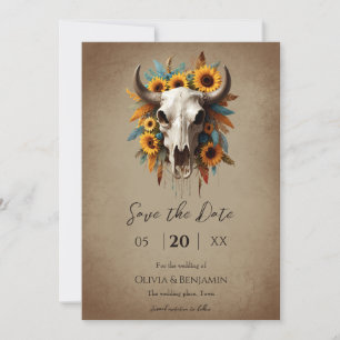 Watercolor Sunflower feather Cow Skull Wedding Save The Date