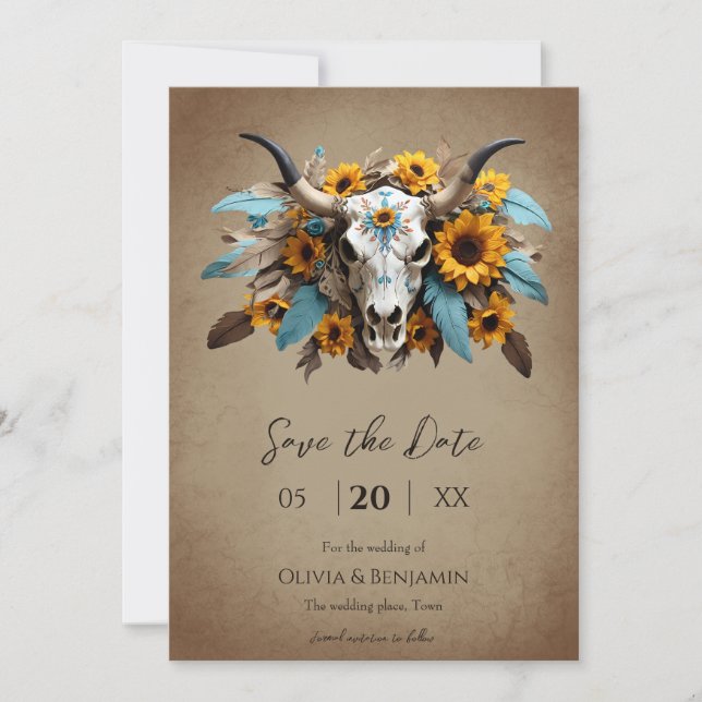 Watercolor Sunflower feather Cow Skull Wedding Save The Date (Front)