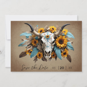 Watercolor Sunflower Feather Cow Skull Wedding Save The Date