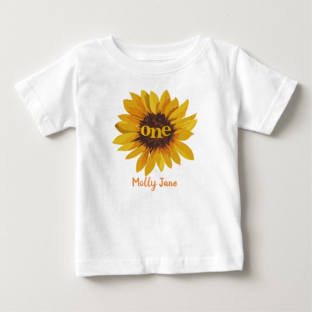 Watercolor Sunflower First Birthday Baby T-Shirt (Front)
