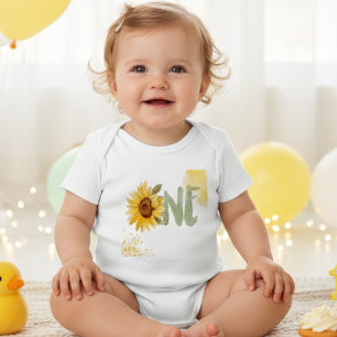 Watercolor sunflower first Birthday one  Baby Bodysuit