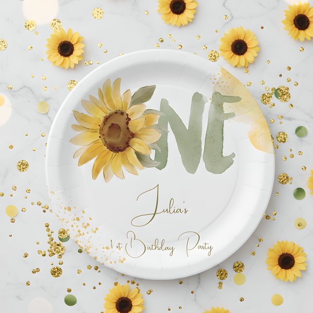 Watercolor sunflower first Birthday Paper Plate (Creator Uploaded)