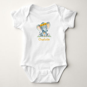 Watercolor Sunflower Floral Baby Elephant Bodysuit